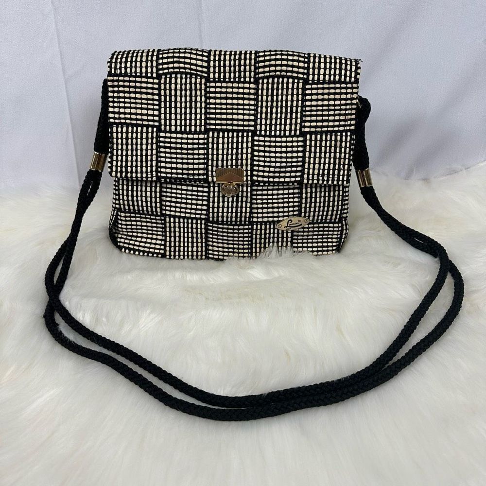 Loredana Vintage Bag Purse Italian Made Woven Gold Accents Straw & Black